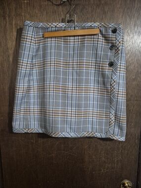 Talbots Plaid Textured Tweed Wrap Skirt Button Accent Blue Brown Size 14